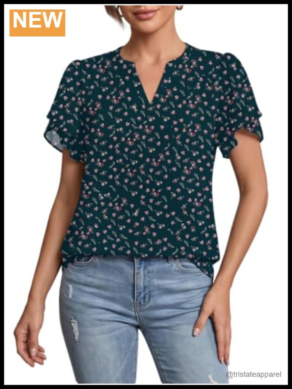 Boho Floral Puff Sleeve Notch V Neck Blouse Women's Soft Lightweight
